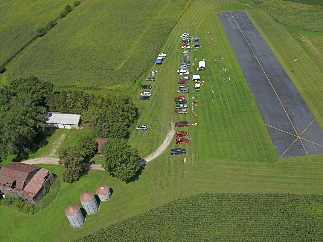 Skyhawks field, looking north. Farm, grain bins and flight line.